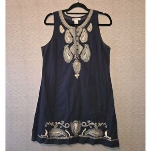 Cute Options Embroidered Shift Dress Sleeveless Black Cotton Sundress Large